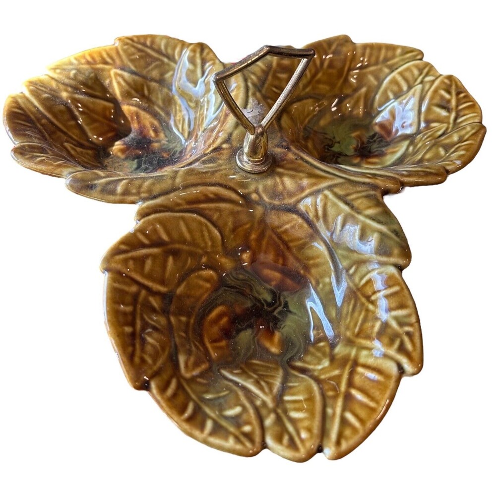 Vintage California USA Candy/Nut Dish Leaf Motif Divided 3 Section Handle